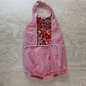 A.T.U.N. Striped BOHO Pink Baby Romper with Floral Embroidery 3-6 month
